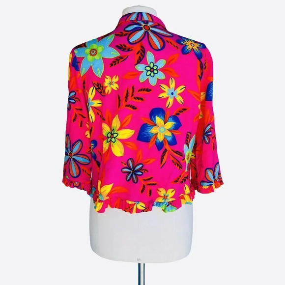 CACTUS FLOWER Women’s Size XL Pink Floral Vintage Ruching Hem Button Front Top - Picture 3 of 3